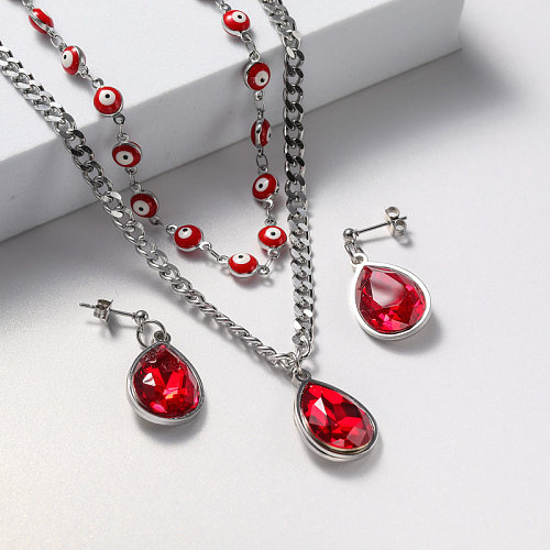 conjunto de joyas de mujer con collar y aretes de cristal rojo