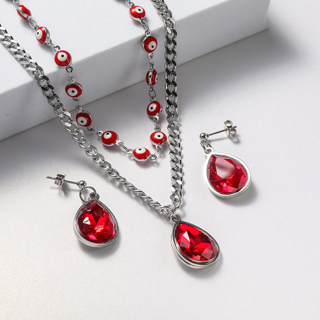 conjunto de joias femininas brinco e colar de cristal vermelho