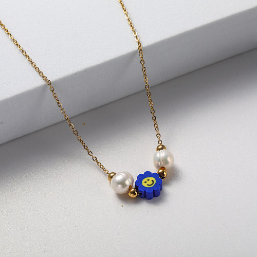 gold plate blue pendant and white pearl stainless steel necklace for girl