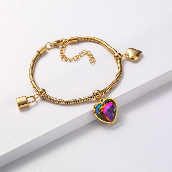 crystal pendant gold plate bracelet in stainless steel