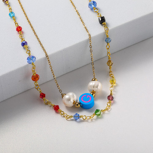 Collier en acier inoxydable plaqué or avec pendentif multicolore