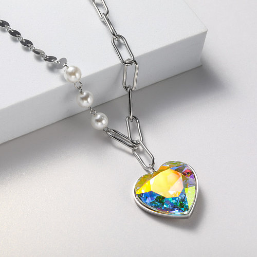 collier en forme de coeur en cristal en acier inoxydable pour femme