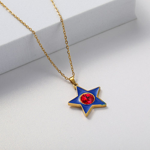 collier en acier inoxydable plaqué or pendentif en métal étoile bleue