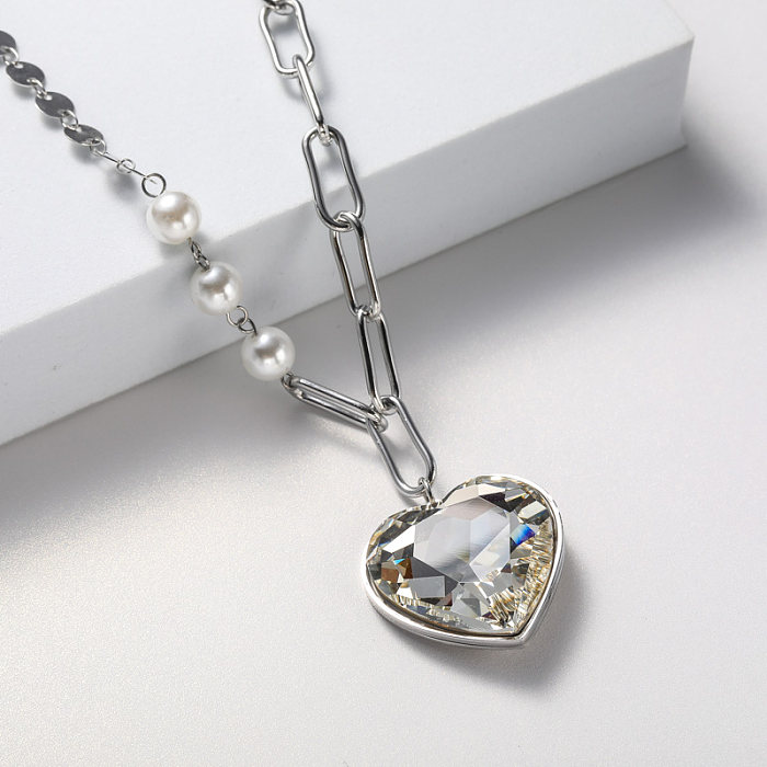 silver plate heart shape crystal pendant necklace for party