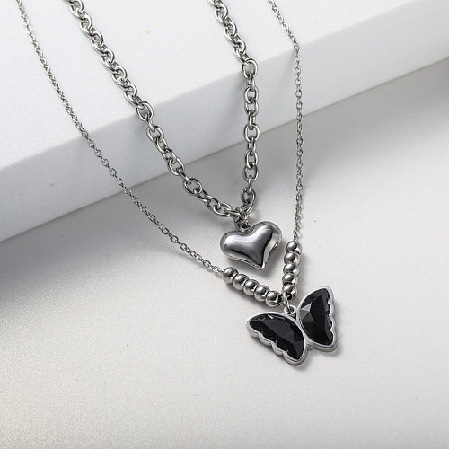 collier pendentif forme de coeur et papillon en acier inoxydable