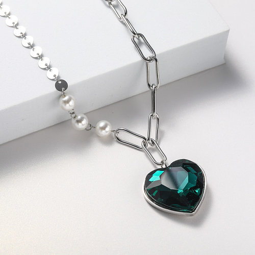 collier pendentif en cristal en forme de coeur avec perle