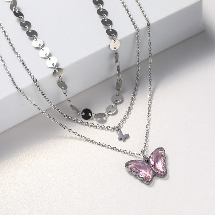 collier en acier inoxydable avec pendentif papillon en cristal pour femme