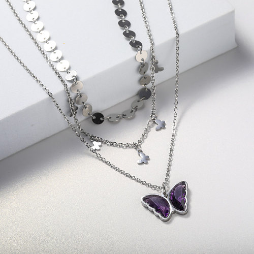purple crystal women pendant stainless steel necklace
