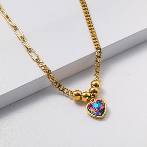 ball and crystal pendant gold plate stainless steel necklace