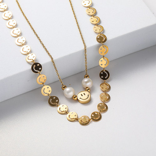 gold plate smile face pendant stainless steel necklace for wedding