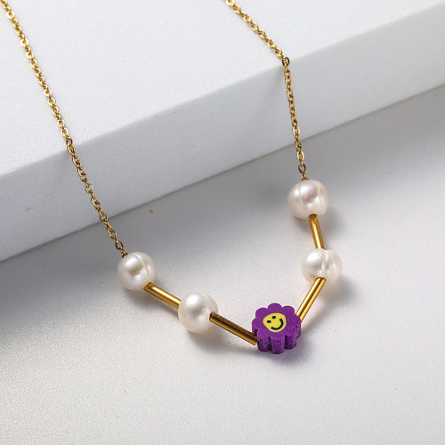 purple pendant and pearl gold plate stainless steel necklace for women