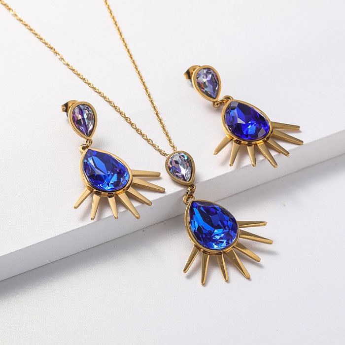 Conjunto de joyas de acero inoxidable con collar y aretes de cristal para mujer