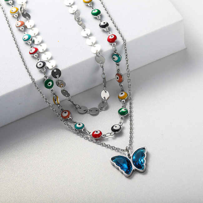 colar feminino de pingente de borboleta de cristal de aço inoxidável