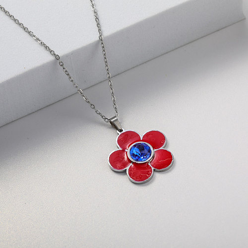 red flower pendant stainless steel plate necklace