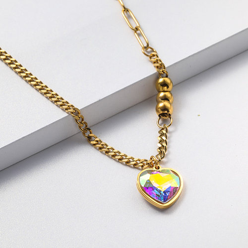 crystal heart shape pendant stainless steel necklace for women