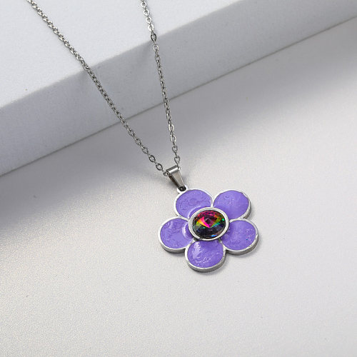 collier en acier inoxydable pendentif fleur violette