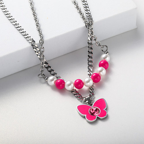 pendentif papillon rose et collier de perles en acier inoxydable