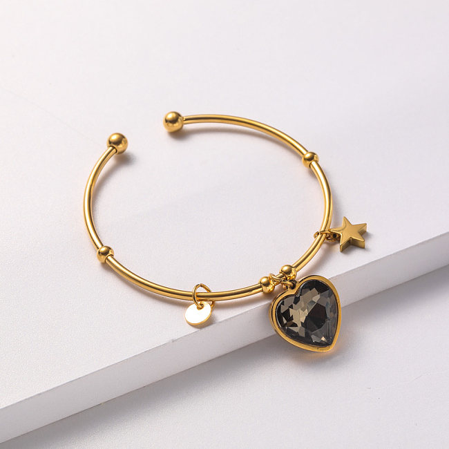bracelet jonc en acier inoxydable plaqué or avec pendentif en cristal