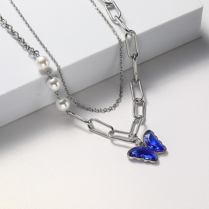 collier en acier inoxydable papillon en cristal bleu pour la fête