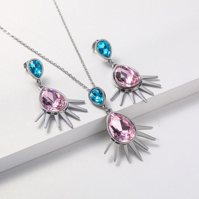 stainless steel necklace and earring crystal pendant jewelry set for wedding