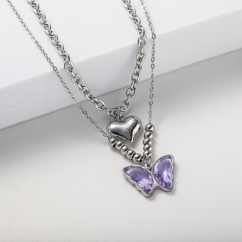 heart shape pendant and crystal butterfly women necklace