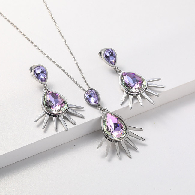 conjunto de joyas de cristal de collar y aretes de acero inoxidable