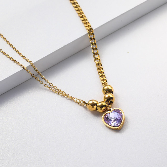 collier en acier inoxydable avec pendentif en cristal plaqué or pour femme