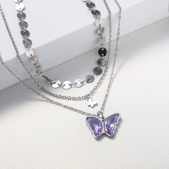 Halskette aus Edelstahl mit lila Schmetterlingen