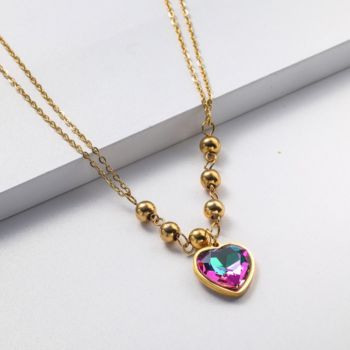 Collier en acier inoxydable avec pendentif en forme de coeur en cristal pour femme