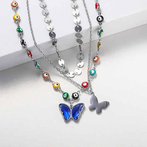 collier en acier inoxydable papillon bleu pour mariage femme