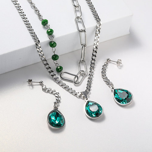 conjunto de joyas de acero inoxidable de cristal verde azulado para boda
