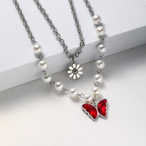 red butterfly necklace with pearl