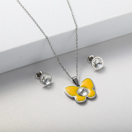 Conjunto de joyería de pendiente de collar con colgante de mariposa amarilla para mujer