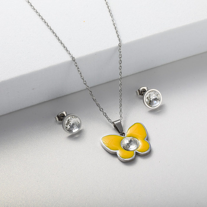 gelber Schmetterling Anhänger Halskette Ohrring Schmuckset für Frauen