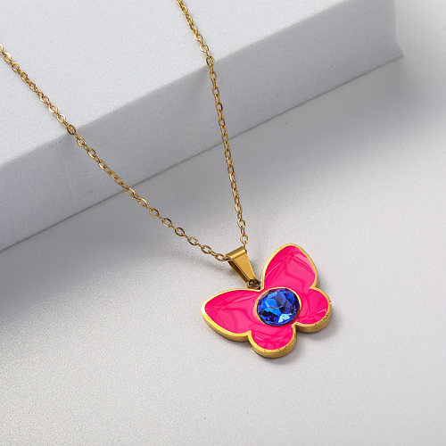 collier plaqué or acier inoxydable papillon rose