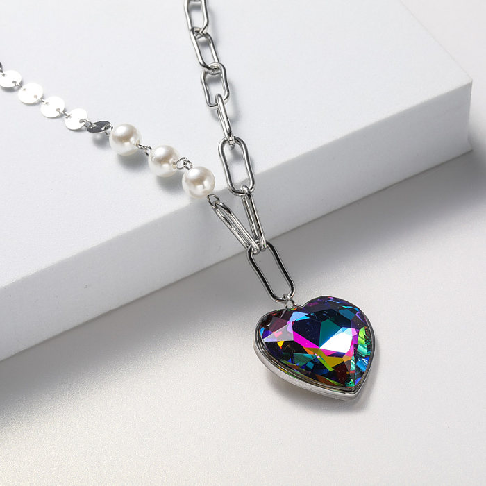 collier en forme de coeur en cristal en acier inoxydable