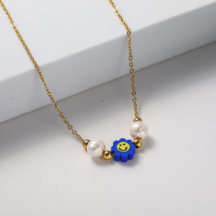 gold plate blue pendant and white pearl stainless steel necklace for girl