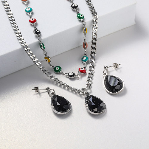 conjunto de jóias de brinco e colar de cristal preto para mulheres