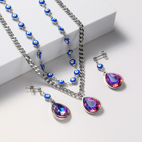 conjunto de joyería femenina de aretes y collar de cristal