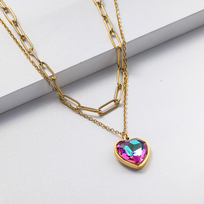 pendentif en cristal en forme de coeur collier femme en acier inoxydable