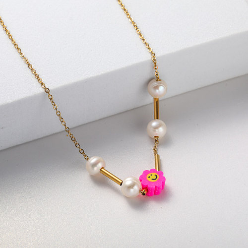 collier en acier inoxydable plaqué or avec pendentif rose et perle