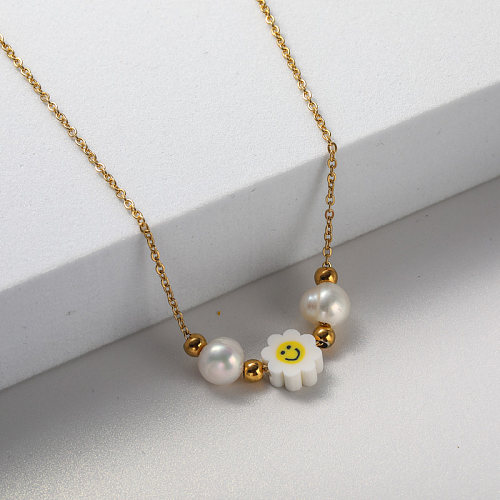 pendentif blanc et collier en acier inoxydable plaqué or perle