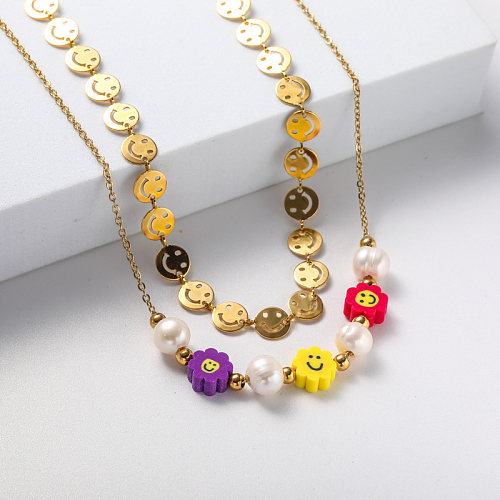 sourire pendentif perle collier en acier inoxydable pour fille