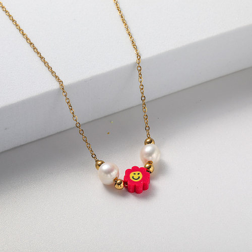 red pendant with pearl stainless steel necklace for girl