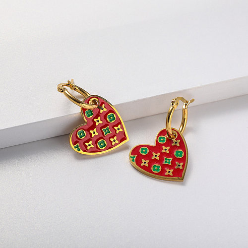 red pendant gold plate earring in stainless steel