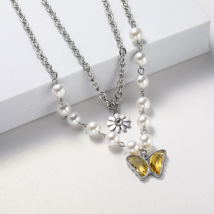 collier en acier inoxydable pendentif perle et papillon