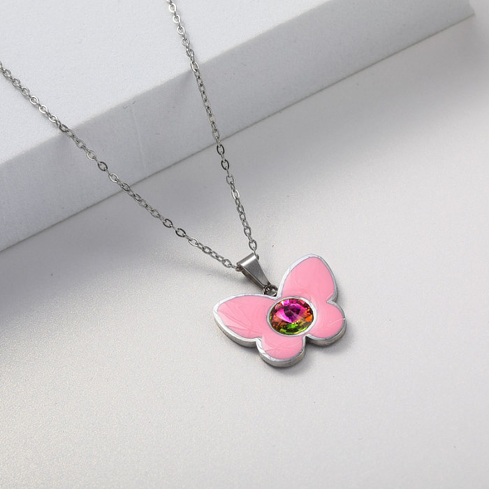 pink butterfly pendant stainless steel necklace
