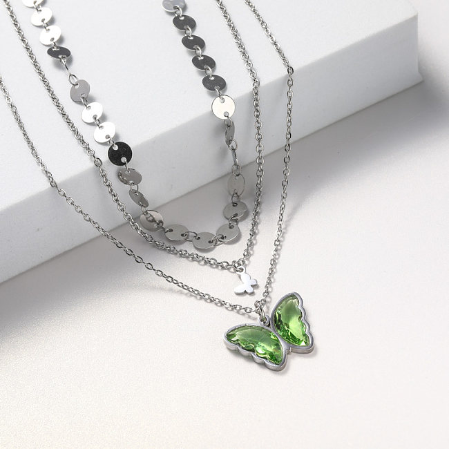 green crystal butterfly women stainless steel necklace