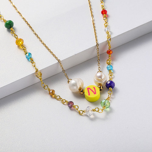 Collier plaqué or avec pendentif en perles multicolores pour mariage