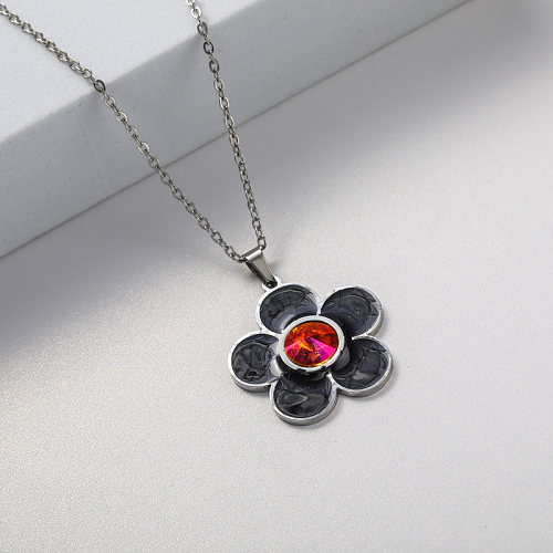 black crystal pendant stainless steel necklace for wedding